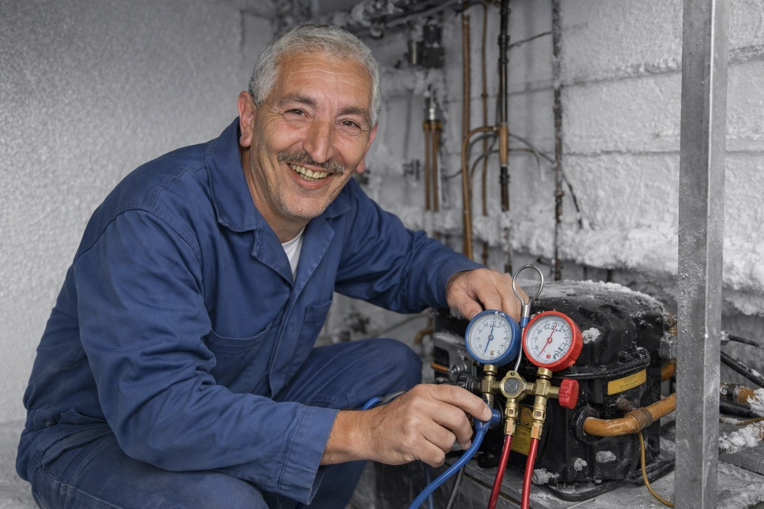 Anastasio checking refrigerant pressure gauges on a commercial compressor unit