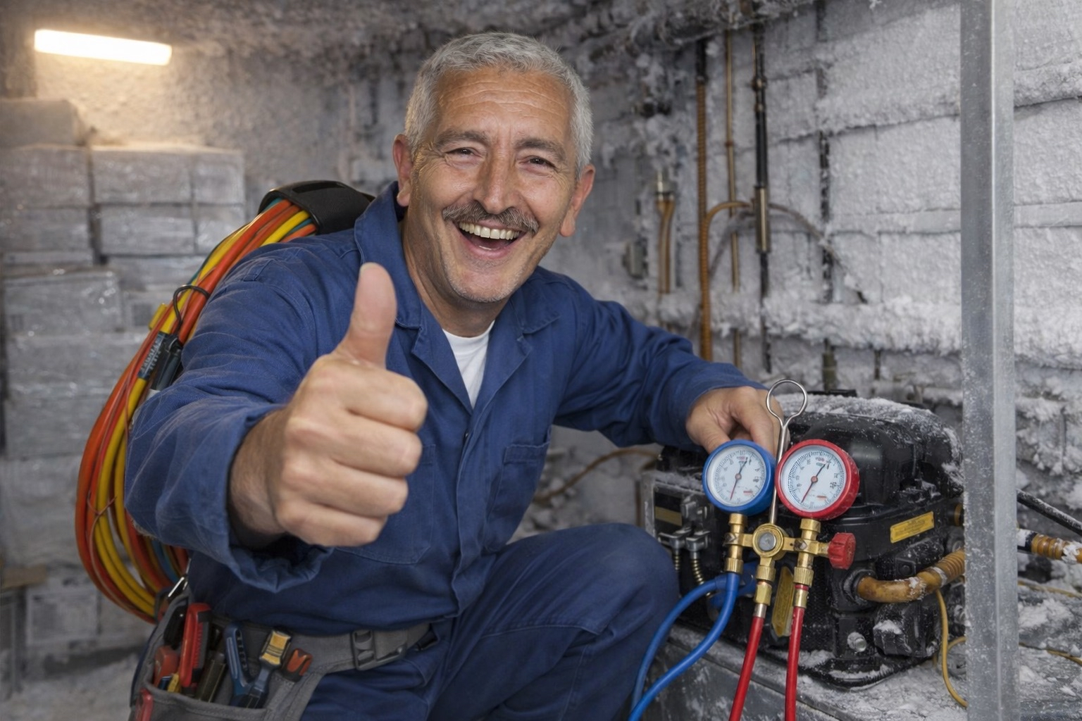 Anastasio giving thumbs up while servicing a commercial refrigeration compressor with pressure gauges