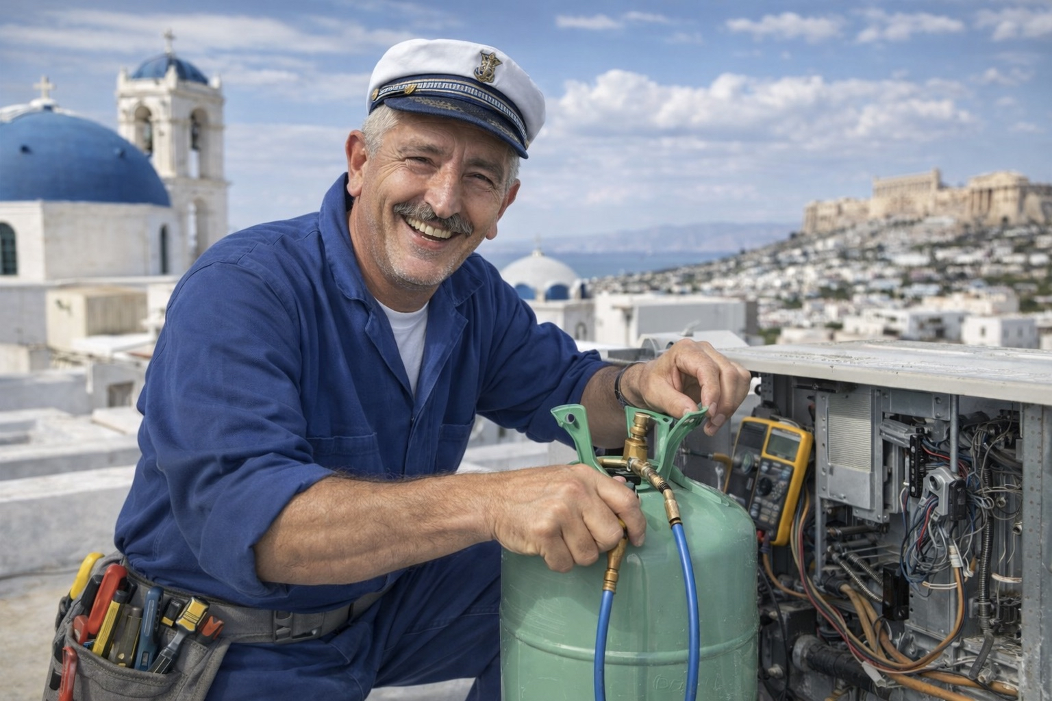 Anastasio servicing a rooftop commercial HVAC and refrigeration condensing unit